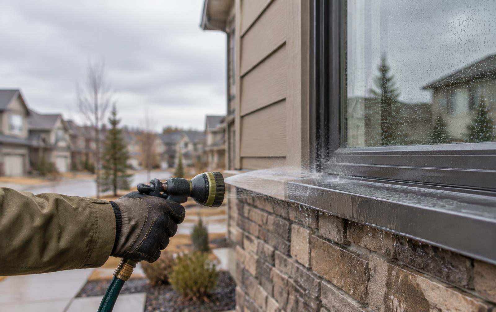 Gloved hand water-testing window flashing on a Calgary home