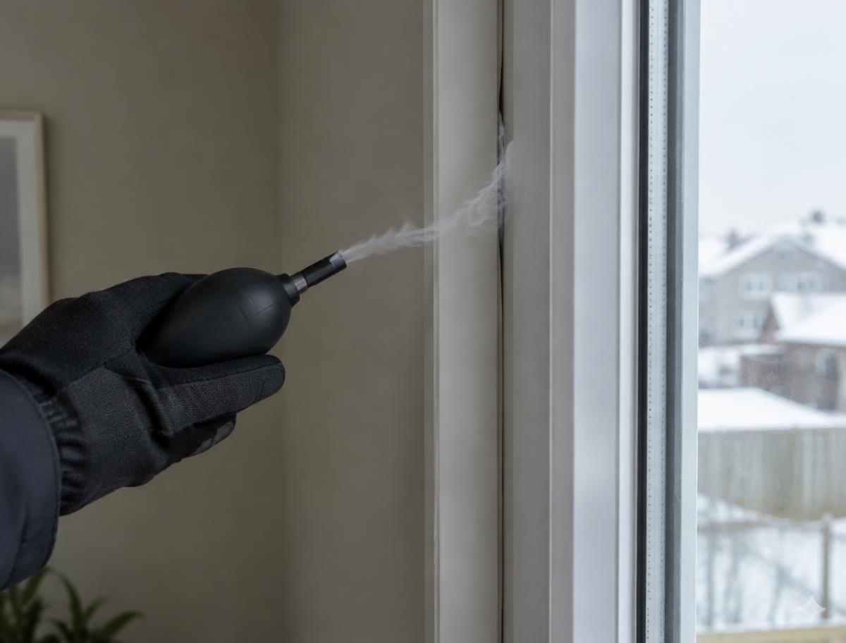 Gloved hand using a smoke puffer to trace an air leak at a window frame
